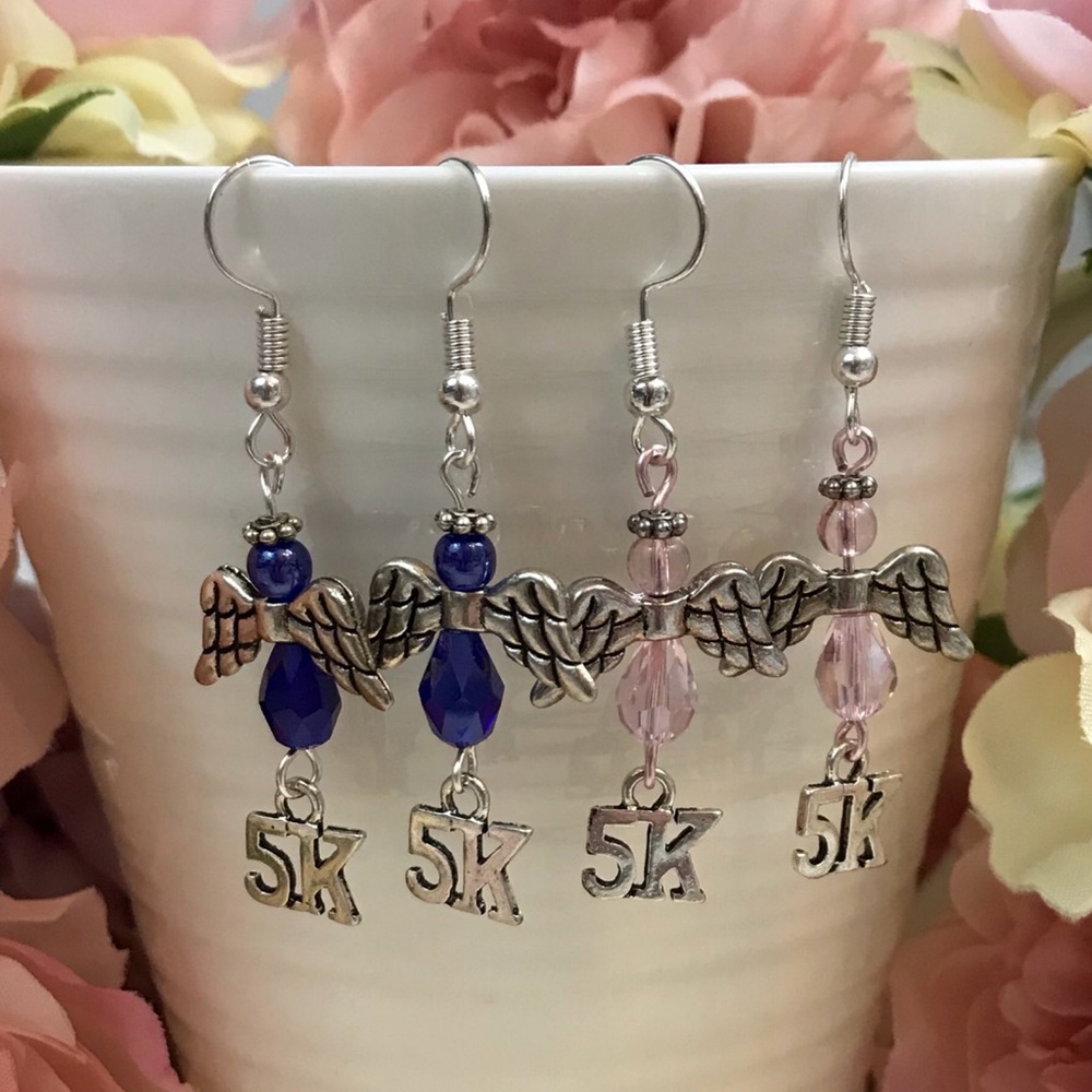5K Runner Pink and Blue Angel Dangle Earrings